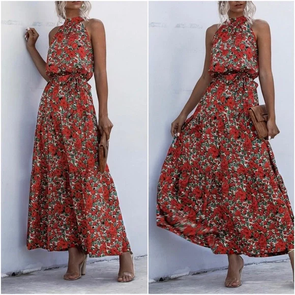10 - Boho Red Floral Print Romantic Halter Maxi Dress - Picture 3 of 3